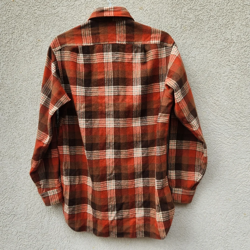 Vintage PENDLETON Men’s Shirt Shacket Size 15 1/2 Orange Plaid Tartan Wool 80s - Picture 4 of 8
